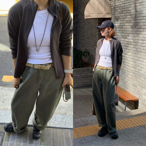 感复古绿色做旧水洗弯刀裤休闲裤