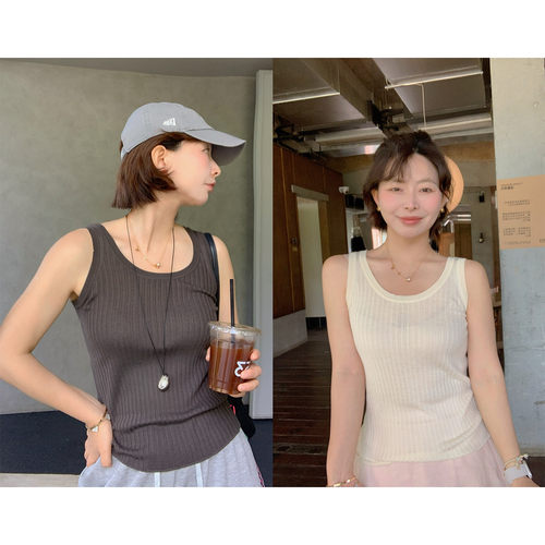 333sss 百搭简约显瘦u领坑条针织吊带背心女外穿无袖上衣