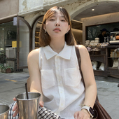 100亚麻衬衫 ～法式 简约气质白色无袖 333sss 挂脖上衣女夏季 小个子