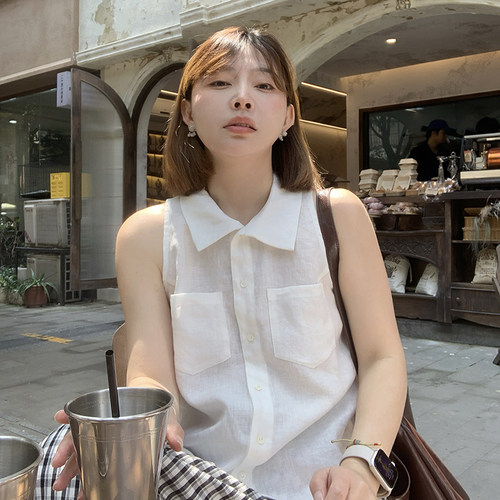 333sss 100亚麻衬衫～法式简约气质白色无袖挂脖上衣女夏季小个子