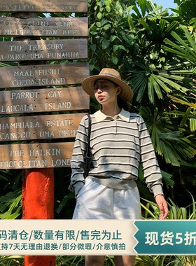 333sss miu系老钱～拼色条纹翻领polo衫长袖针织衫上衣女春装