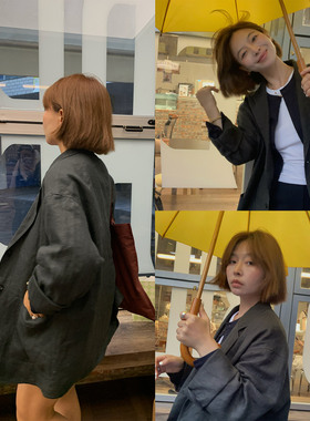 333sss 巨洋气早秋灰绿亚麻西装 宽松慵懒休闲薄外套女