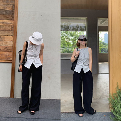 333sss抗皱亚麻裤～裤型绝了`黑色松紧腰休闲长裤直筒阔腿裤女