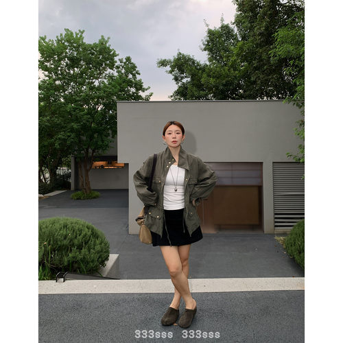 复古抽绳收腰工装风亚麻西装外套