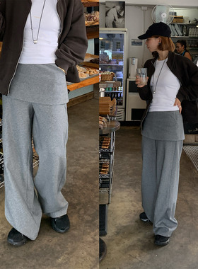 333sss 屁帘卫裤～灰色长裤休闲裤假两件裙裤阔腿裤拖地裤子女秋