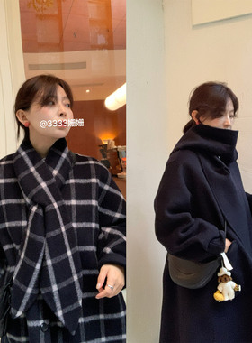 333sss~两面穿 围巾格子羊毛双面呢子大衣女冬长款宽松廓形外套
