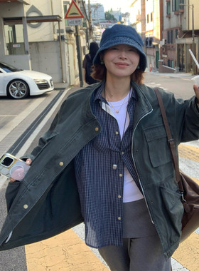 333sss 巴恩风做旧复古军绿色宽松休闲口袋工装外套夹克女秋