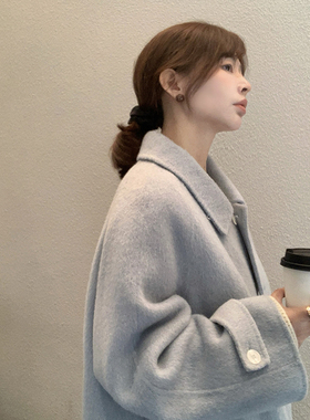 333sss baby蓝 全羊毛手工双面呢子大衣外套女长款秋冬季小个子