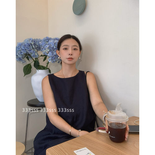 老钱风百搭气质藏蓝色亚麻连衣裙