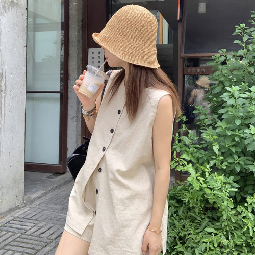 夏季无袖棉麻西装马甲短裤套装女