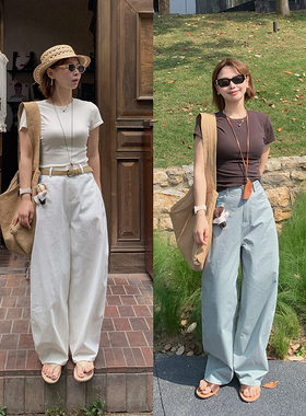 333sss洋气弯刀裤～白色复古休闲裤阔腿裤拖地裤子女夏季薄款