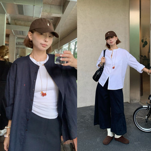 333sss老钱风法式气质白色圆领苎麻衬衫女宽松纯色长袖上衣秋