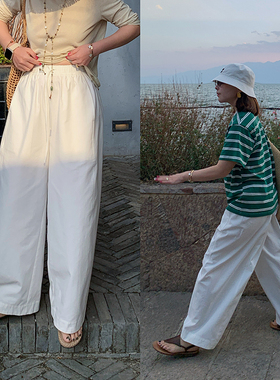 333sss 白色弯刀裤～百搭松紧腰阔腿裤休闲裤女拖地长裤春夏