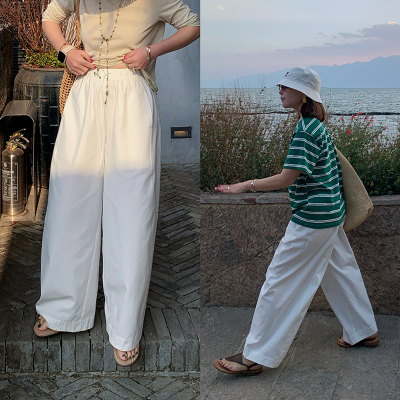 白色百搭松紧腰阔腿裤休闲裤女