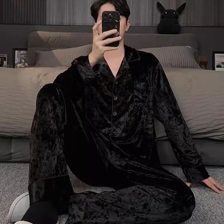 2025年新款高级感黑色金钻绒睡衣男款秋冬季金丝绒男士家居服套装