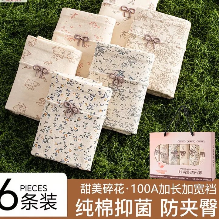 露露服装轻奢六条装纯棉平角裤小碎花抗菌透气加长裆中高腰打底裤