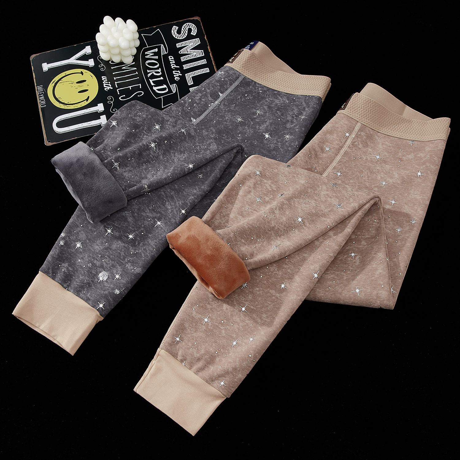 冬季新款男士保暖裤时尚流行印花个性舒适线裤加绒加厚修身男毛裤