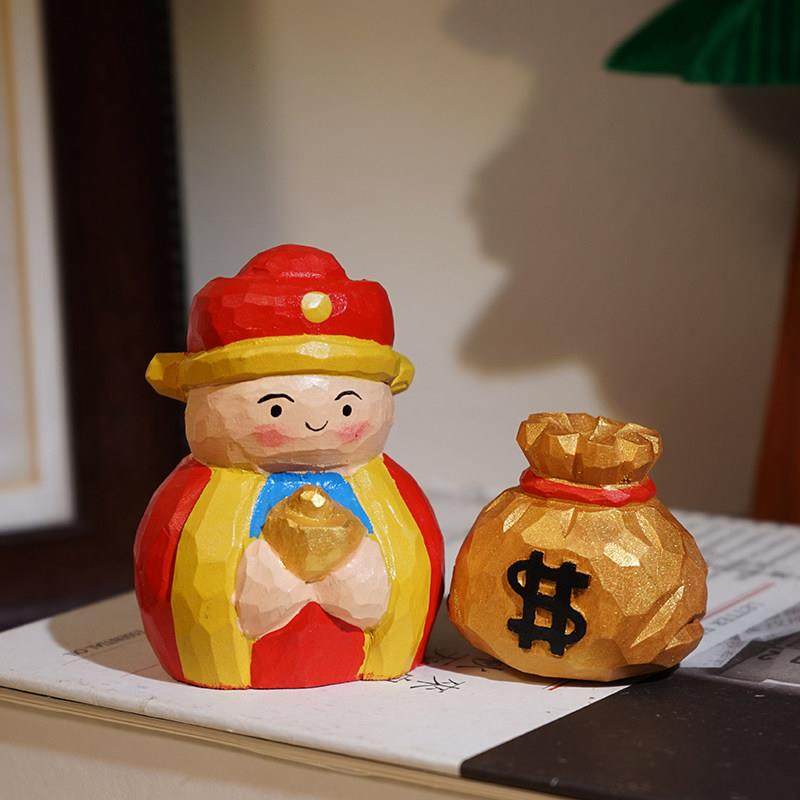 【恭喜发财】手工木雕摆件财神钱袋办公室工位桌面装饰品新年礼物,家居饰品,装饰摆件,淘宝优惠券,粉丝福利购,淘宝优惠卷