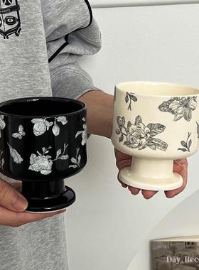 枝悟 山茶花高脚杯 中古杯子家居摆件陶瓷甜品咖啡水杯饰品收纳盘