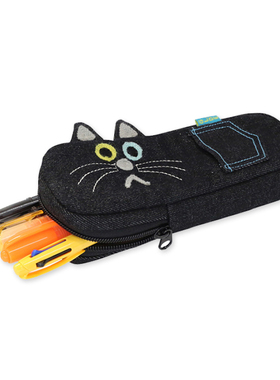GLADEE日本牛仔猫笔袋异瞳猫化妆小物收纳包Denim Black Cat