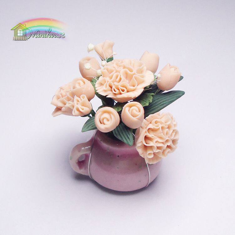 1:12娃娃屋dollhouse仿真迷你植物粘土花粉花瓶康乃馨插花模型