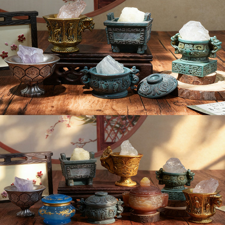 西安文创鎏金伎乐八棱银杯仿古董水晶盲盒解压小摆件新年装饰礼物