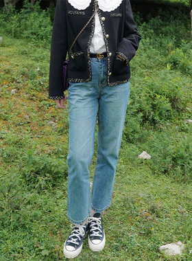 INNQ【满分裤型】复古蓝高腰直筒牛仔裤女秋冬无弹梨形显瘦九分裤