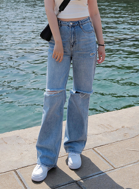 INNQ 辣妹炸街Bella同款高腰破洞牛仔裤女春夏浅色时髦阔腿长裤子