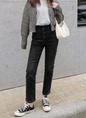 INNQ王牌裤型新色高腰排扣小直筒女春季深灰弹力漫画腿九分牛仔裤