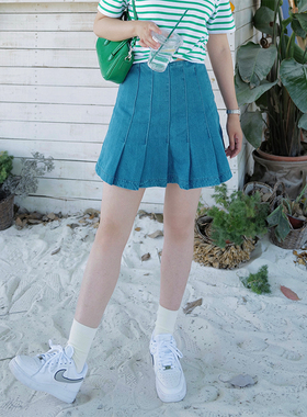 INNQ 甜心辣妹高腰牛仔百褶裙女夏蓝色A字摆纯欲bm女团风半身短裙