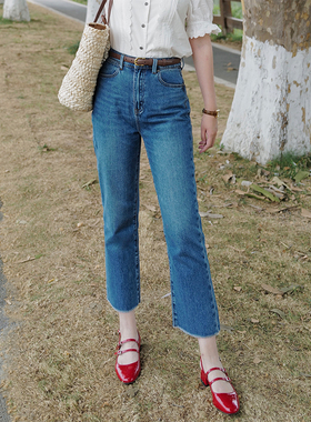 INNQ南法庄园高腰直筒法棍裤女秋深蓝宽松直筒显瘦毛边九分牛仔裤