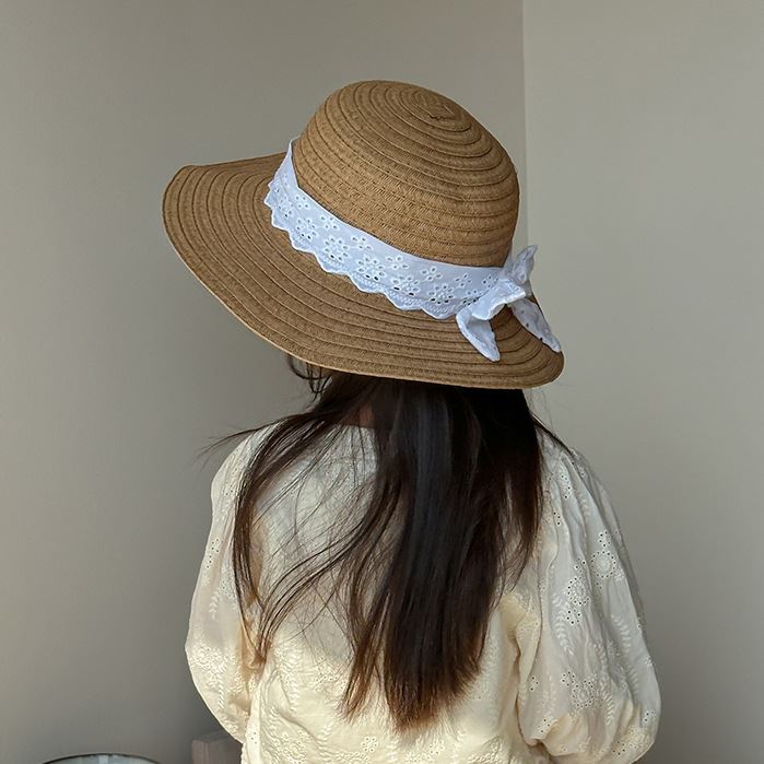 网红韩国儿童帽子新款蕾丝蝴蝶结女童沙滩帽防晒宝宝草帽遮阳帽