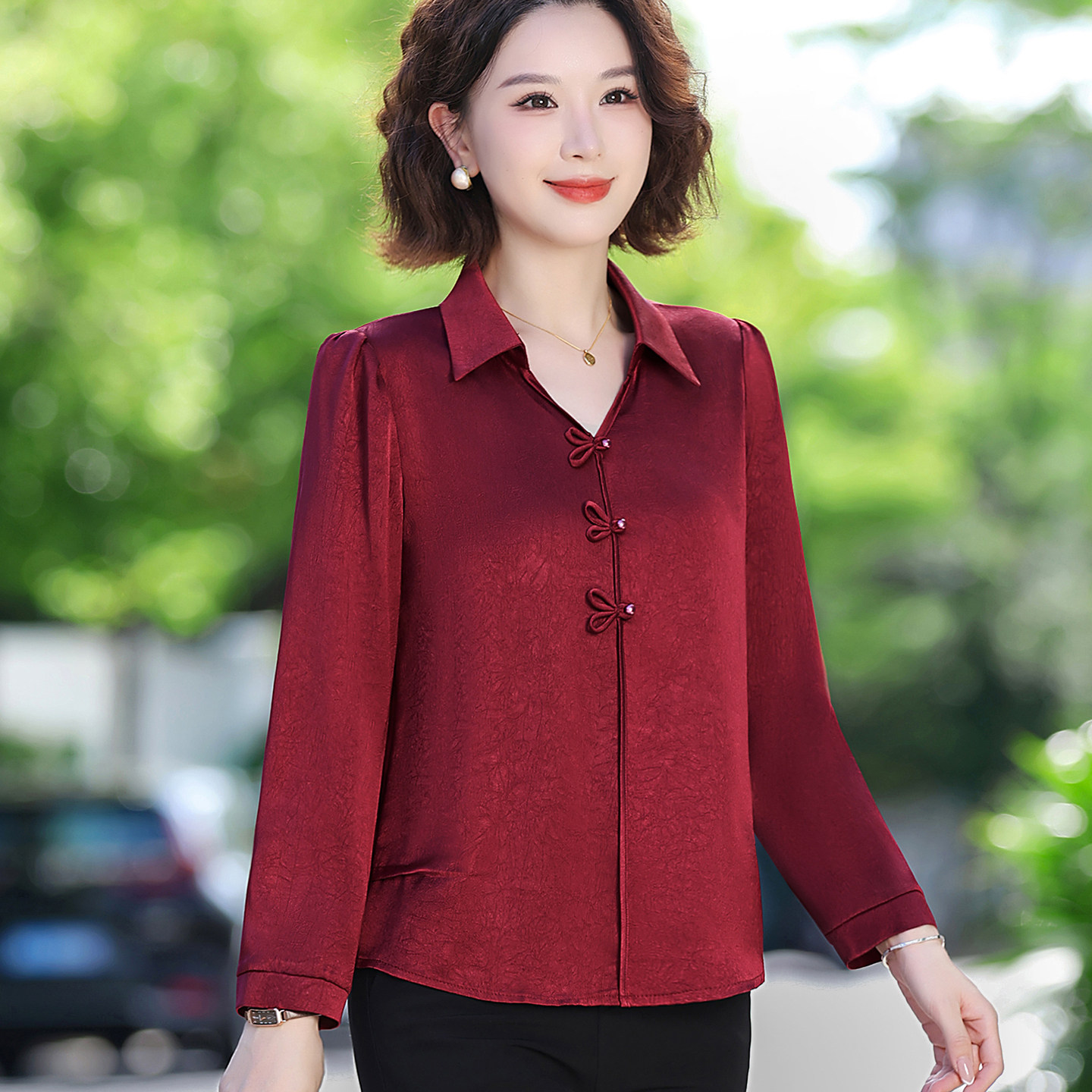 十月喜婆婆高端婚宴装红色上衣妈妈结婚礼服秋季新款长袖衬衫套装