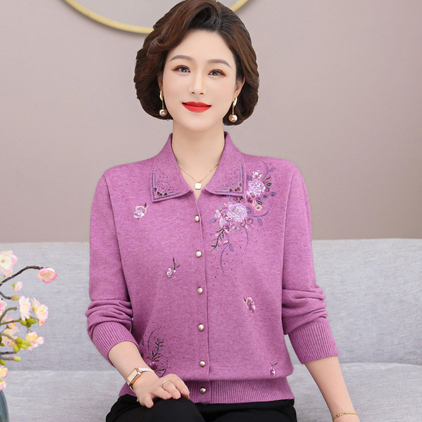 中老年人羊毛衣开衫女妈妈款太太秋装有翻领上衣服奶奶春秋穿外套