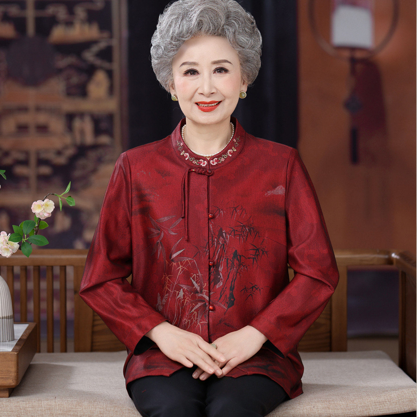 妈妈春秋装中式衬衣老太太奶奶婚礼婚宴装老年人喜庆红色衬衫上衣