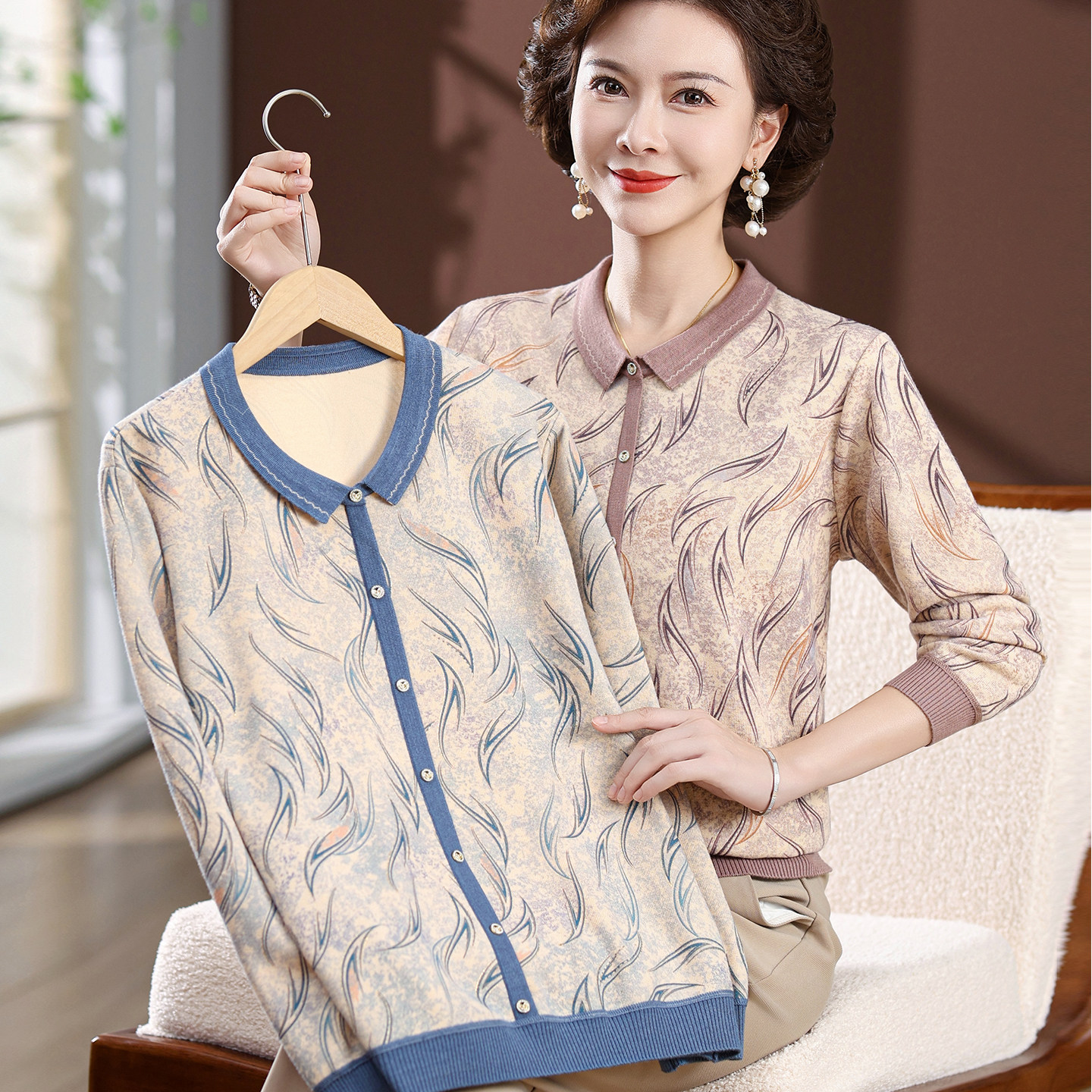 中老年女装宽松大码打底衫洋气上衣2026新款妈妈春装长袖印花T恤