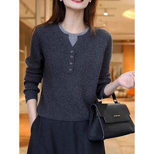 秋冬圆领假两件套头针织羊毛衫上衣女2025新款短款内搭毛衣打底衫