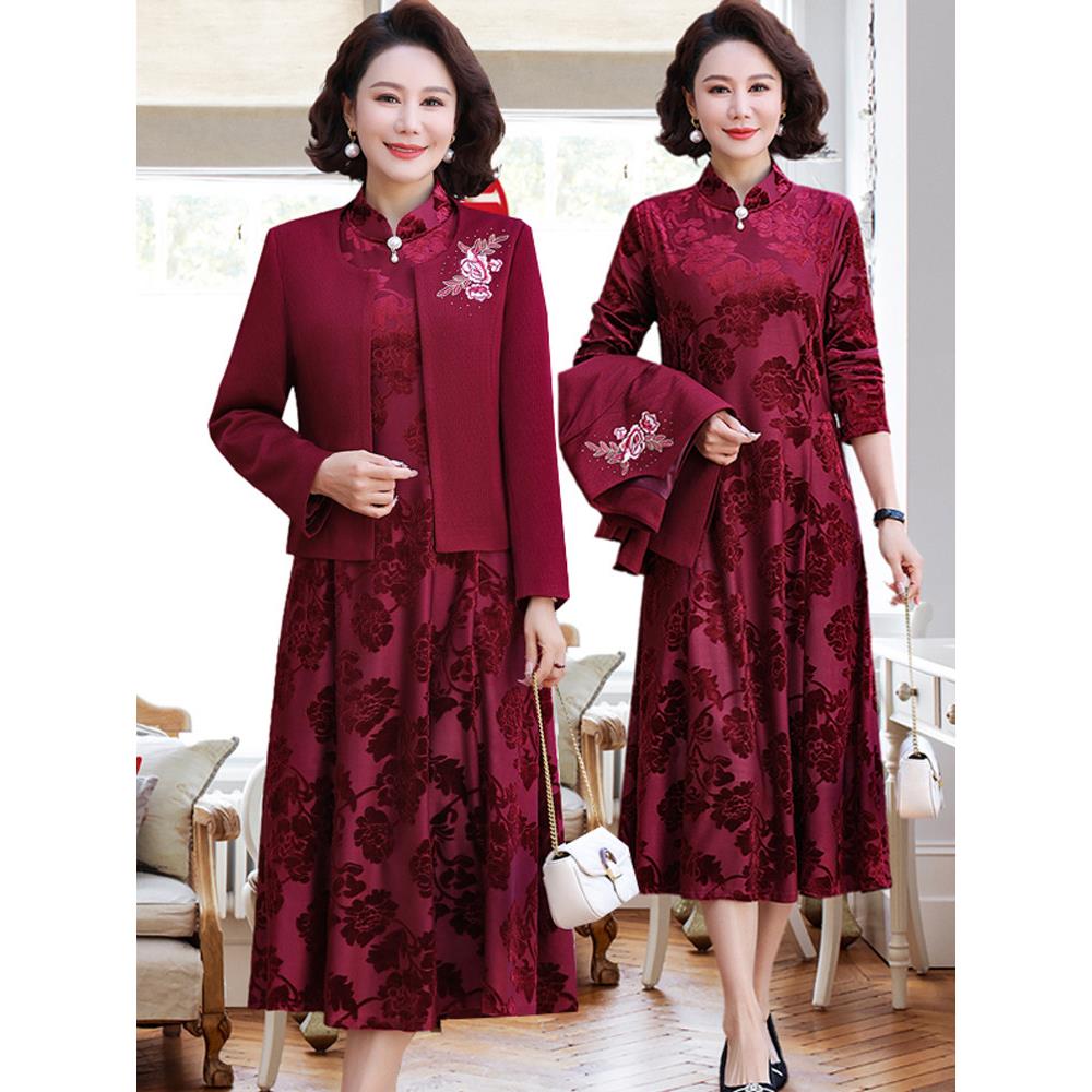 五一喜婆婆参加结婚宴中老年两件套装连衣裙妈妈加大码裙子礼服女