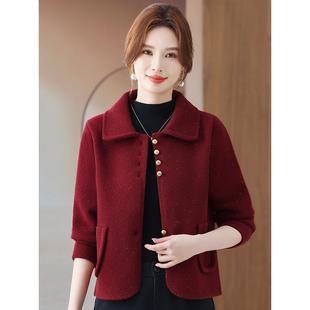 200斤胖妈妈短款毛呢大衣女小个子宽松加肥加大码秋冬款亮片外套