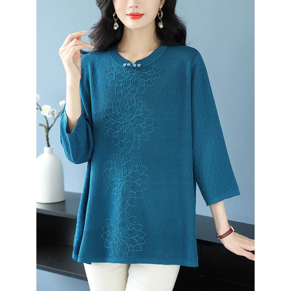 加肥加大码桑蚕丝上衣女洋气中年妈妈春秋七分袖针织打底t恤薄款