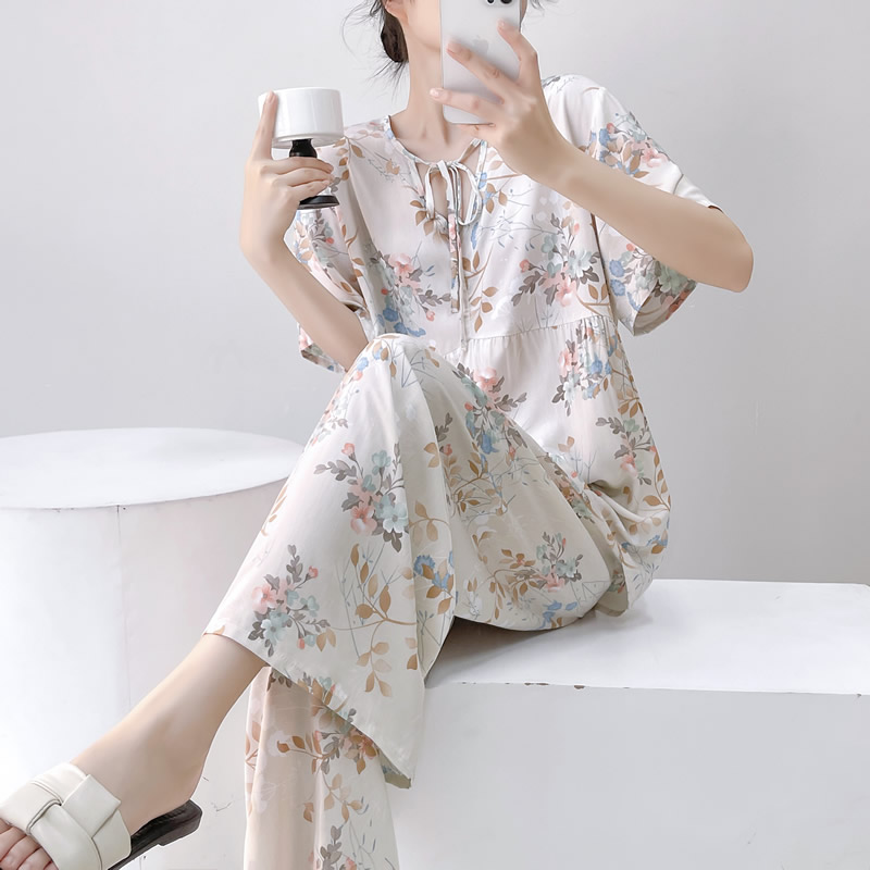 棉绸睡衣女夏季绵绸短袖长裤夏天女装大码薄款两件套装家居服学生