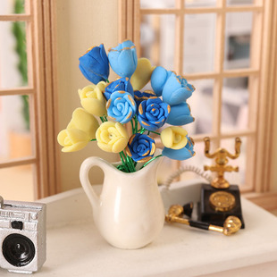 迷你仿真花小玫瑰花模型假花1:12分娃娃屋蓝色妖姬陶瓷花瓶小摆件