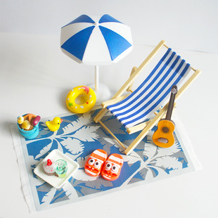微缩沙滩躺椅套餐太阳伞野餐垫地毯小摆件娃娃屋海边度假场景配件