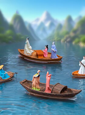 微景观仿真古装人物漂浮情侣人偶小船木筏木船造景迷你树脂小摆件