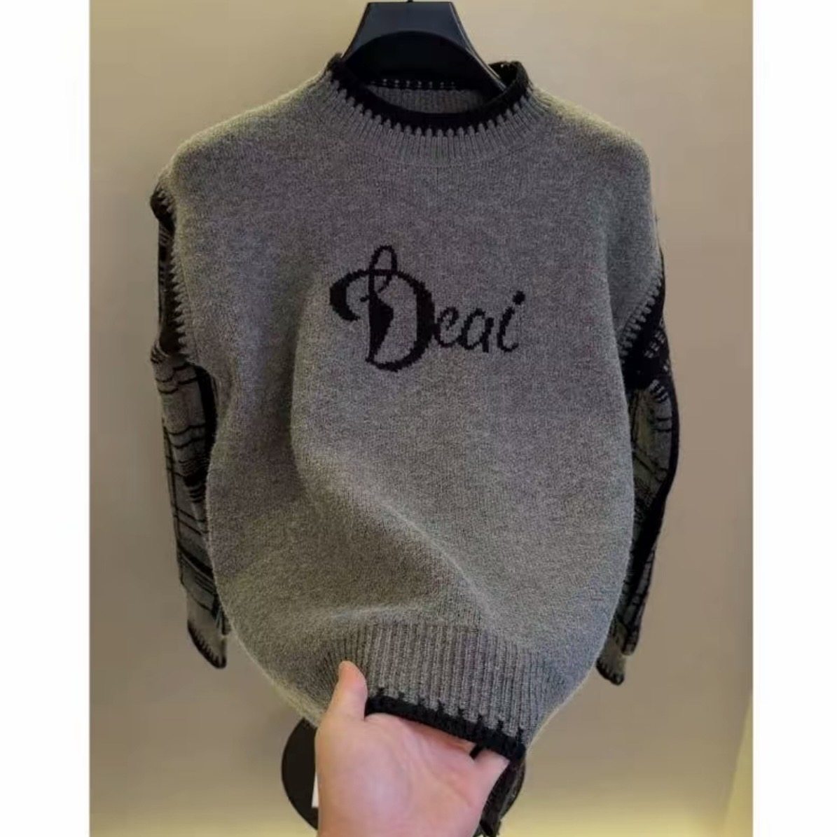 高档圆领拼接提花毛衣男士秋冬保暖时尚潮流内搭打底衫男装8532