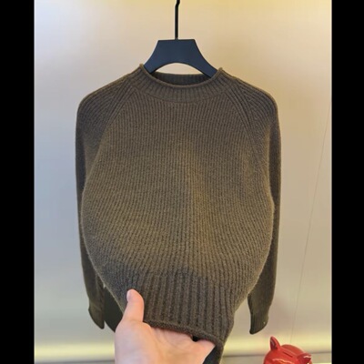 高档新款纯色圆领毛衣男士秋冬季时尚宽松保暖针织衫潮流休闲打底