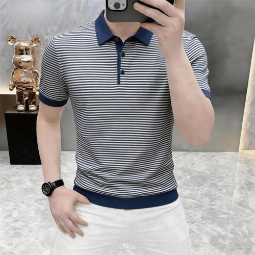 高档夏季男士老钱风条纹翻领针织短袖T恤POLO衫时尚潮流男装12559