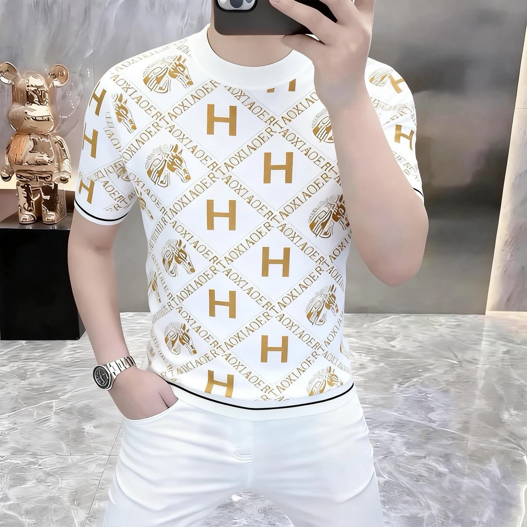 高档2026春季新款百搭男款圆领轻奢短袖毛衣白色休闲潮流韩版修身