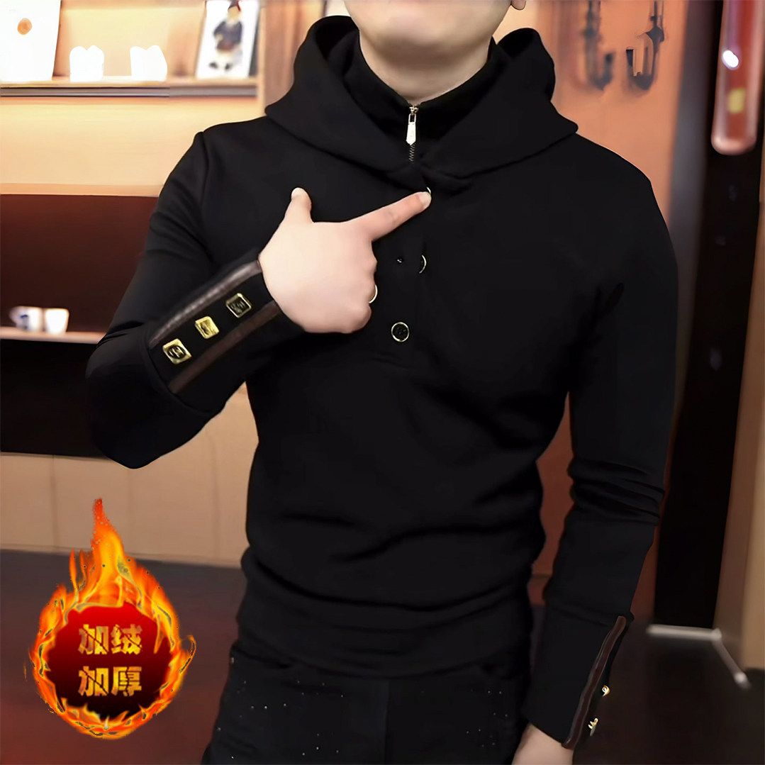 《户外黑武士》冬季假两件加绒新款修身休闲加厚百搭高端卫衣帅气