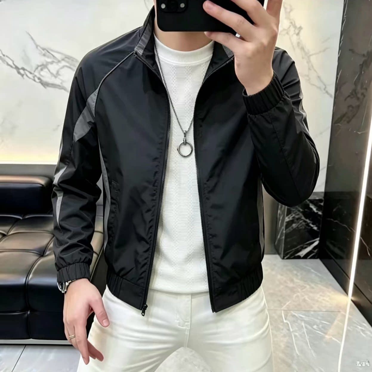 高端拼色立领夹克外套男士春秋季新款户外运动冲锋衣休闲上衣J13